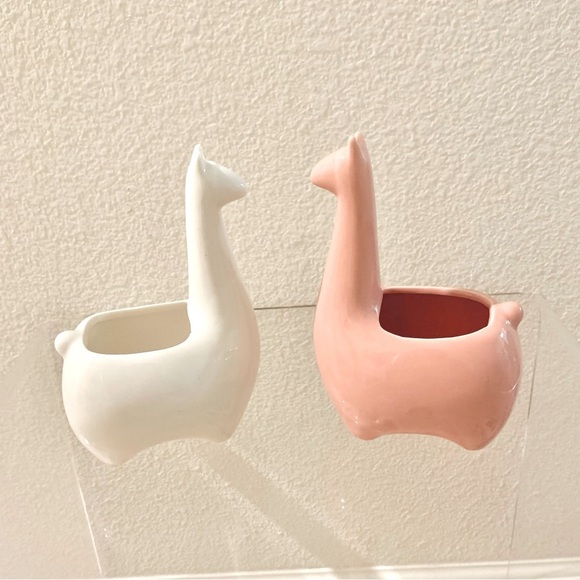 2 Pink White Llama Mini Planter Vases Porcelain Home Decor - Picture 1 of 7